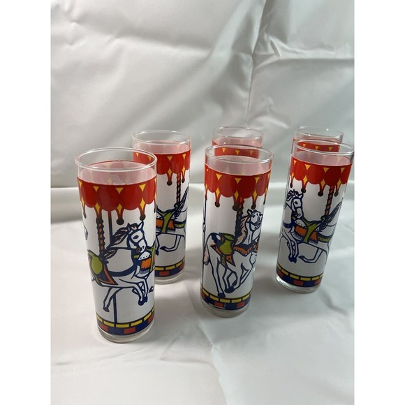 Libbey Glass Carousel Horses Tom Collins Drinking Glass 6pc‎ Set USA 6.75"t 12oz - Picture 2 of 5